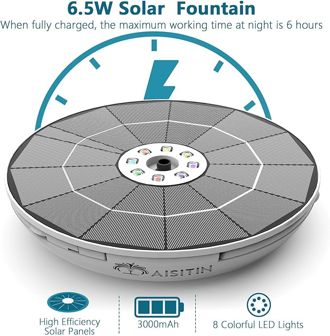 AISITIN 6.5W Solar Fountain for Bird Bath with 3000mAh Battery & Color Changing LED Light, 3 Anti-Drift Fixed Bracket & 8 Nozzles, Solar Water Fountain for Bird Bath, Garden, Pond, Patio, Courtyard