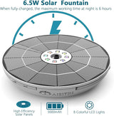 AISITIN 6.5W Solar Fountain for Bird Bath with 3000mAh Battery & Color Changing LED Light, 3 Anti-Drift Fixed Bracket & 8 Nozzles, Solar Water Fountain for Bird Bath, Garden, Pond, Patio, Courtyard