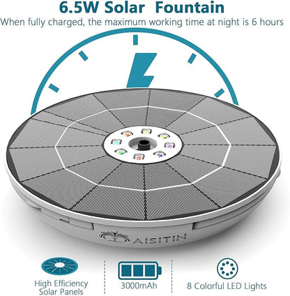 AISITIN 6.5W Solar Fountain for Bird Bath with 3000mAh Battery & Color Changing LED Light, 3 Anti-Drift Fixed Bracket & 8 Nozzles, Solar Water Fountain for Bird Bath, Garden, Pond, Patio, Courtyard