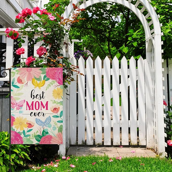 Mother's Day Garden Flags for Outside, Best MON Ever Floral Yard Decoration, Small Gift for Mom Grandmom, Seasonal Outdoor Decor for Farmhouse Summer Holiday,12x18 Inch Double Sided