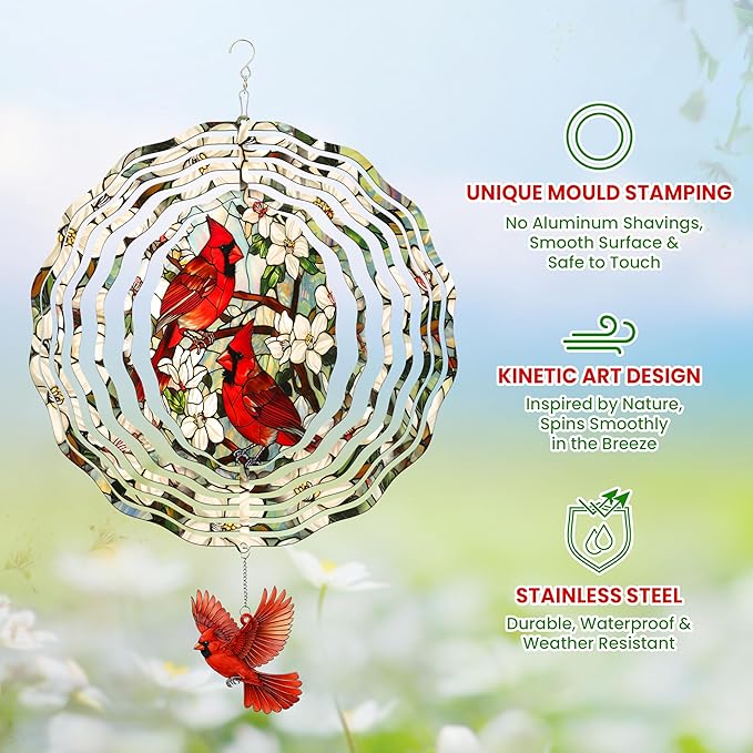 FLAGWIX Cardinal Gifts for Women Men - Cardinal Decor 3D Stainless Steel Wind Spinners Outdoor 12 in - Garden Spinners Outdoor, Cardinals Wind Spinner for Garden Decor, Gardening Gifts for Mom Grandma