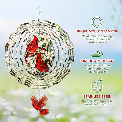 FLAGWIX Cardinal Gifts for Women Men - Cardinal Decor 3D Stainless Steel Wind Spinners Outdoor 12 in - Garden Spinners Outdoor, Cardinals Wind Spinner for Garden Decor, Gardening Gifts for Mom Grandma