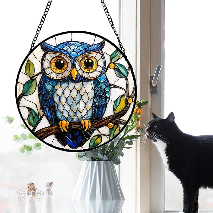 DASTOLL Stained Glass Window Hanging, Owl Gifts for Women Sun Catchers Diamond Glass Panel Hangings Birds Suncatcher Decor for Birthday for Women, Men, Wife, Aunt, and Mom 14.9x14.9 in