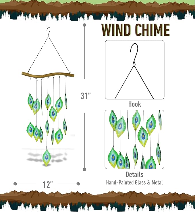 CoTa Global Peacock Feathers Wind Chime - Handmade Glass and Metal Chime - Wild Life Hanging Decor - Colorful Home Decor Gift, Indoor and Outdoor Hanging Decoration for Porch, Patio, Garden - 31 Inch