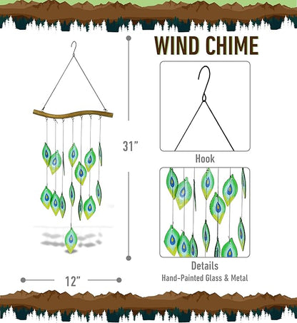 CoTa Global Peacock Feathers Wind Chime - Handmade Glass and Metal Chime - Wild Life Hanging Decor - Colorful Home Decor Gift, Indoor and Outdoor Hanging Decoration for Porch, Patio, Garden - 31 Inch