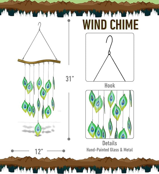 CoTa Global Peacock Feathers Wind Chime - Handmade Glass and Metal Chime - Wild Life Hanging Decor - Colorful Home Decor Gift, Indoor and Outdoor Hanging Decoration for Porch, Patio, Garden - 31 Inch