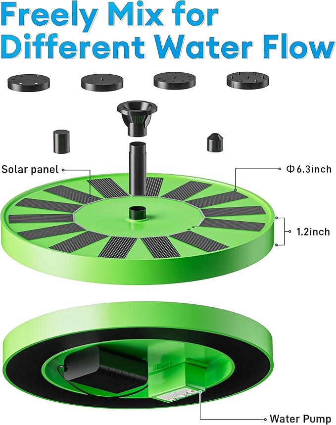 2.5W Solar Bird Bath Fountain – Upgraded Solar Pond Fountain with 6 Nozzles,Solar Fountain for Bird Bath, Pond, Garden Decor (Green)