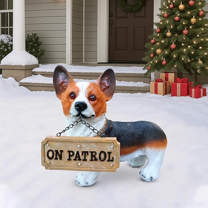 Corgi Garden Statue with Solar Lantern, Adorable Dog Outdoor Decor with Interchangeable Welcome & On Patrol Signs, Waterproof Resin Puppy Figurine for Yard, Lawn, Patio, Dog Lover Gift