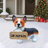 Corgi Garden Statue with Solar Lantern, Adorable Dog Outdoor Decor with Interchangeable Welcome & On Patrol Signs, Waterproof Resin Puppy Figurine for Yard, Lawn, Patio, Dog Lover Gift