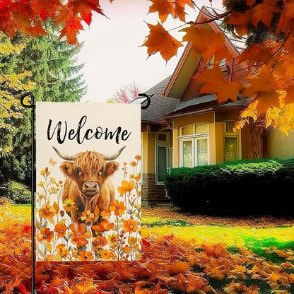 Welcome Fall Highland Cow Garden Flag Highland Cow with Flowers Burlap Yard Flag Seasonal Autumn Bull Butterfly House Banner for Farmhouse Rustic Holiday Outdoor Decor 12x18 Inch
