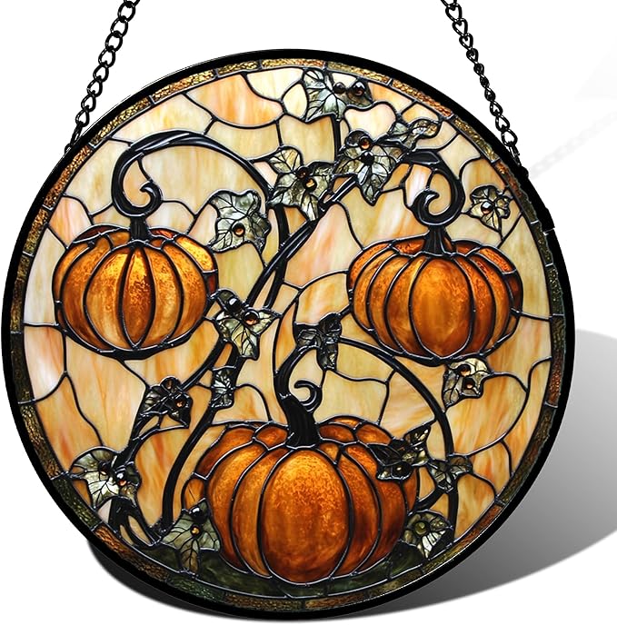 DASTOLL Stained Glass Window Hanging - Halloween Decoration Orange Pumpkin Vine Leaves Suncatcher for Door Garden Spooky Sun Catchers Gothic Decor Horror Gifts for Women Men Friend Boy Girl 7.8 in