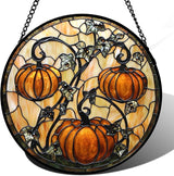 DASTOLL Stained Glass Window Hanging - Halloween Decoration Orange Pumpkin Vine Leaves Suncatcher for Door Garden Spooky Sun Catchers Gothic Decor Horror Gifts for Women Men Friend Boy Girl 7.8 in