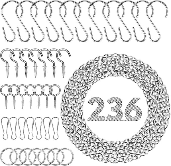 236 Inch Hanging Chain, Silver Metal Chains for Hanging Plants, 12× S Hooks, 12× Buckles, 12× Rings, 24×Screw Hooks for Bird Feeder, Planter, Lantern and Wind Chimes (Silver)