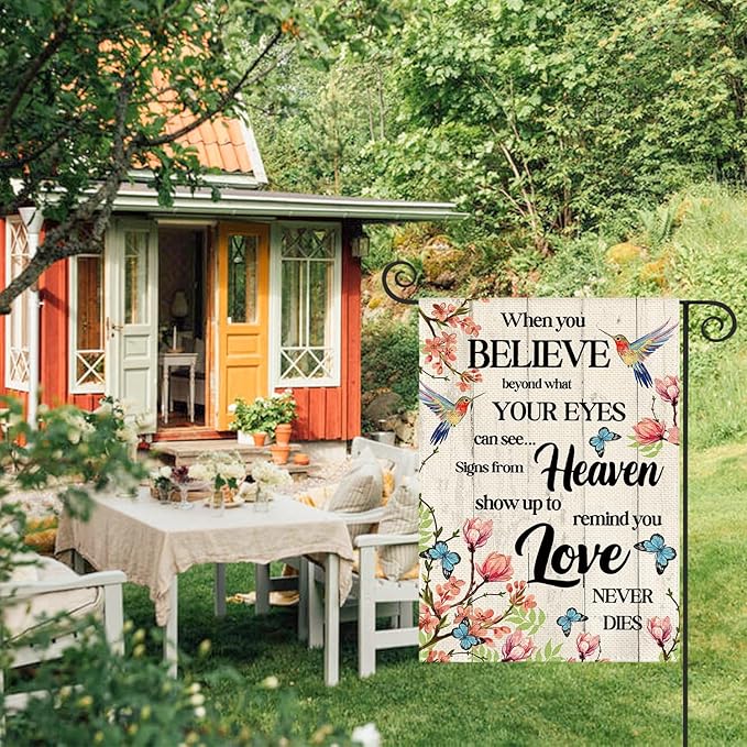 AVOIN colorlife Hummingbird Memorial Garden Flag 12x18 Inch Double Sided Outside, Love Never Dies Memorial Day Gravesite Saying Spring Yard Outdoor Decoration