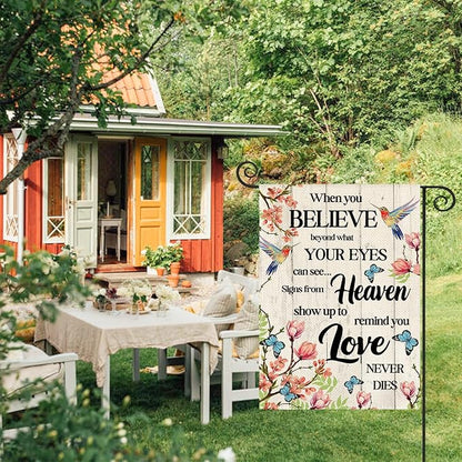 AVOIN colorlife Hummingbird Memorial Garden Flag 12x18 Inch Double Sided Outside, Love Never Dies Memorial Day Gravesite Saying Spring Yard Outdoor Decoration
