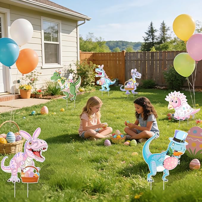 6PCS Easter Dinosaur Yard Signs with Stakes,Easter Dinosaur with Bunny and Egg Decoration for Holiday Celebration Decorations for Yard, Lawn and Patio