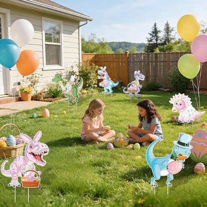 6PCS Easter Dinosaur Yard Signs with Stakes,Easter Dinosaur with Bunny and Egg Decoration for Holiday Celebration Decorations for Yard, Lawn and Patio