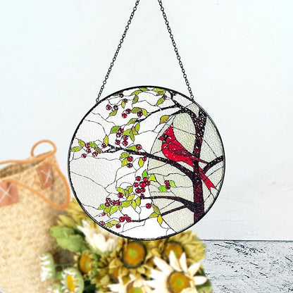 Stained Glass Window Hanging Sun Catcher 11.8”- Cardinal in Full Moon Stained Glass Suncatcher, Red Berry Tree, Nature, Indoor Decor, Wall Art, Gifts for Women