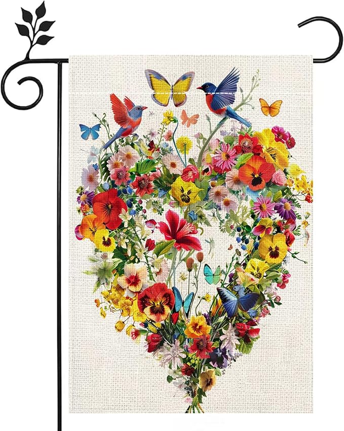 Spring Summer Birds Flowers Butterflies Garden Flag for Outside, Colorful Floral Love Hearts Outdoor Yard Flag 12x18 Inch Double Sided Burlap
