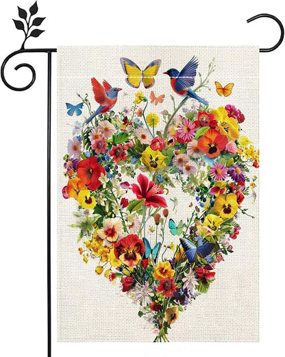 Spring Summer Birds Flowers Butterflies Garden Flag for Outside, Colorful Floral Love Hearts Outdoor Yard Flag 12x18 Inch Double Sided Burlap