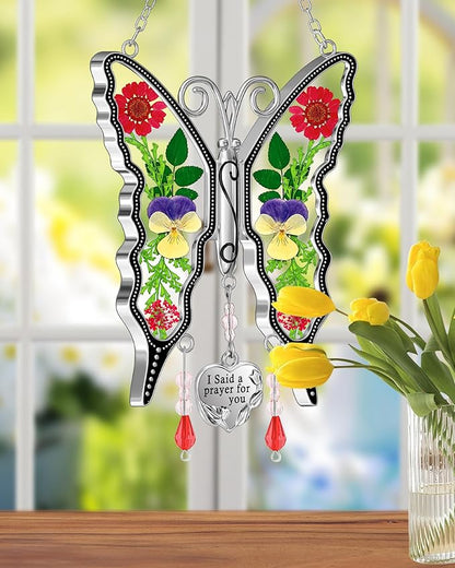 KY&BOSAM Butterfly Suncatcher for Window Hanging I Said a Prayer for You Stained Glass Catchers Real Flower Hangings Wind Chimes Home Decor Gifts for Women Mothers Day Birthday Thanksgiving Christmas