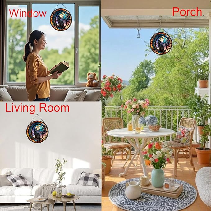 Black Cat Stained Glass Window Hanging,7.87’’ Stained Glass Suncatcher for Window for Cat Lovers,Hanging Ornaments Round Women Gifts for Family Friends, Housewarming Gift (A Style)
