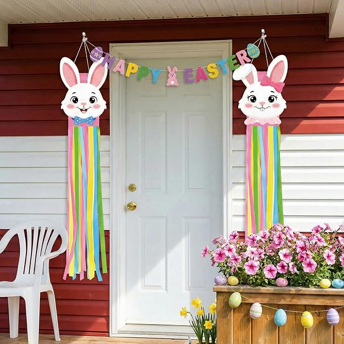 2PCS Easter Windsocks Outdoor Decorations Bunny Spring Hanging Floating Face Wind Socks for Yard Garden Porch Patio Decor