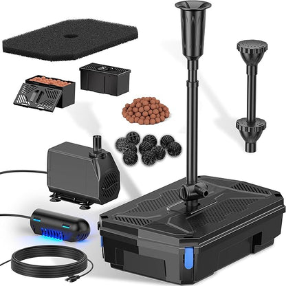 NFESOLAR All-in-one Pond Filter Fountain Kit, 660 GPH Submersible Water Pump with 3-Layer Filtration, UV Clarifier for Outdoor Ponds Up to 2000 Gallon, Fish Tank, Pool, Garden Waterscape N2390