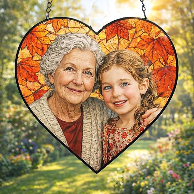 NAZENTI Personalized Stained Glass Portrait Ornament Gifts for Grandma, Custom Family Photo Suncatcher Window Hanging Gift for Mothers Day Fathers Day, Couple or Family Photo Gifts, Holiday Keepsake