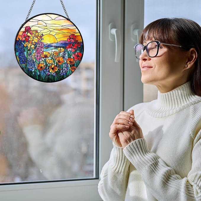 Wildflowers Stained Glass Window Hanging, Sun Catchers Indoor Window Plant Lover Gifts for Women, Wildflowers and Sun Wall SunCatchers Decor for Garden Home Christmas Birthday