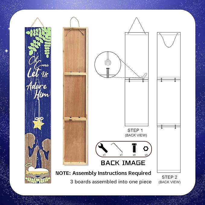 Merry Christmas Porch Sign Let Us Adore Him Wooden Welcome Sign Vertical Xmas Hanging Signs For Standing Front Porch Decor Rustic Wall Decor Home Farmhouse Yard Door Winter Decorations 47.2"H