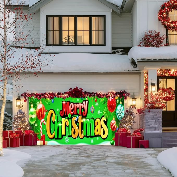 IVN Christmas Garage Door Cover Decoration 13x6ft Bright Green Background Candy Canes Colorful Letters Merry Christmas Winter Garage Door Banner Home Door Front Yard Decor for Xmas Eve Holiday Outdoor