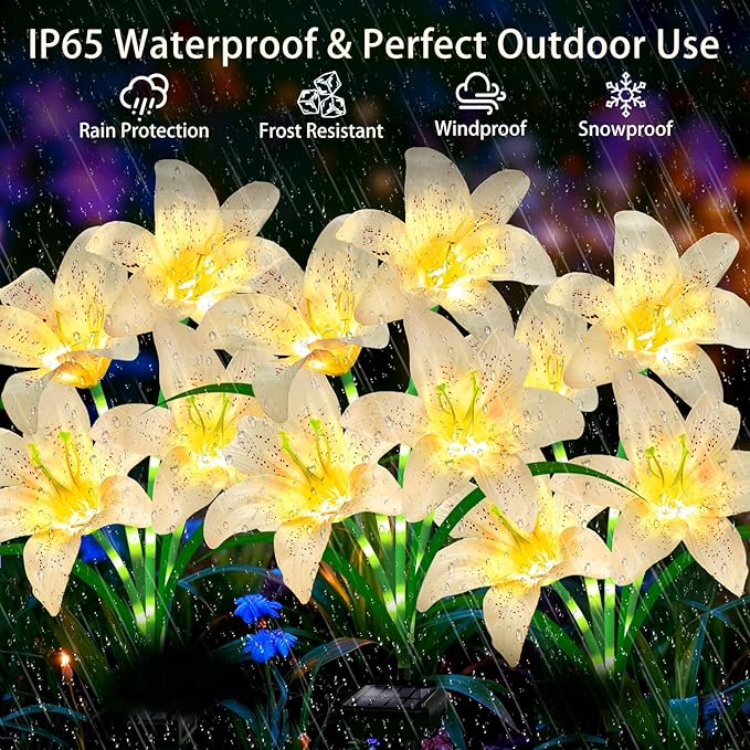 Solar Garden Lights 4 Pack 16 White Lily Flowers, Gifts for Mom Woman Birthday Outdoor Solar Flower Lights, Cemetery Flowers for Grave - Decorative Lilies for Yard, Patio, Pathway Decorations