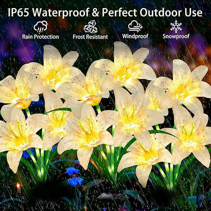Solar Garden Lights 4 Pack 16 White Lily Flowers, Gifts for Mom Woman Birthday Outdoor Solar Flower Lights, Cemetery Flowers for Grave - Decorative Lilies for Yard, Patio, Pathway Decorations
