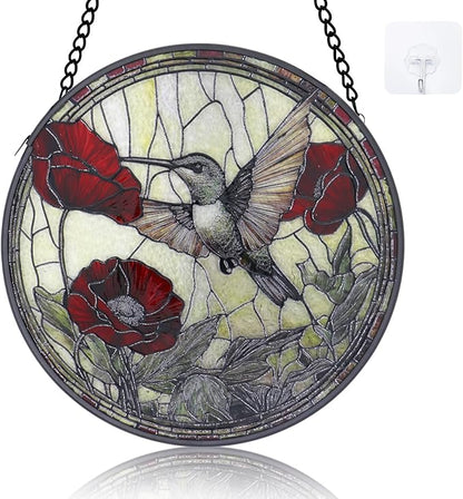 Stained Glass Window Hanging - 6.3 Inch Hummingbird Red Flower Suncatcher, Bird Suncatchers for Window Home Door Wall Garden Outdoor Decor and Birthday, Hummingbird Gifts for Adults Women Men Mom