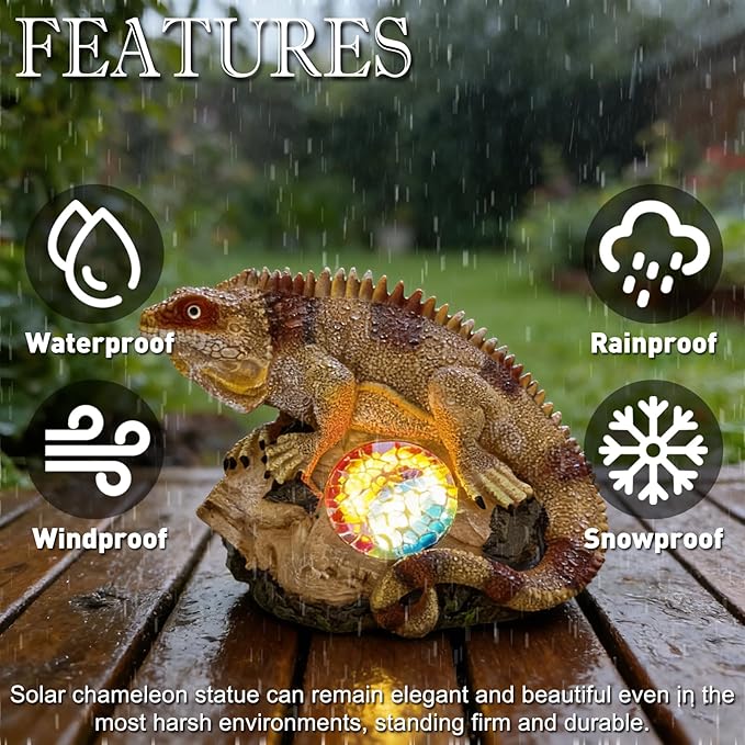 Solar Chameleon Garden Statues Decor for Outdoor, Khaki Chameleon Figurine Lights for Lawn Patio Yard Decoration - Unique Christmas Housewarming Gifts for Grandma Wowen Mom
