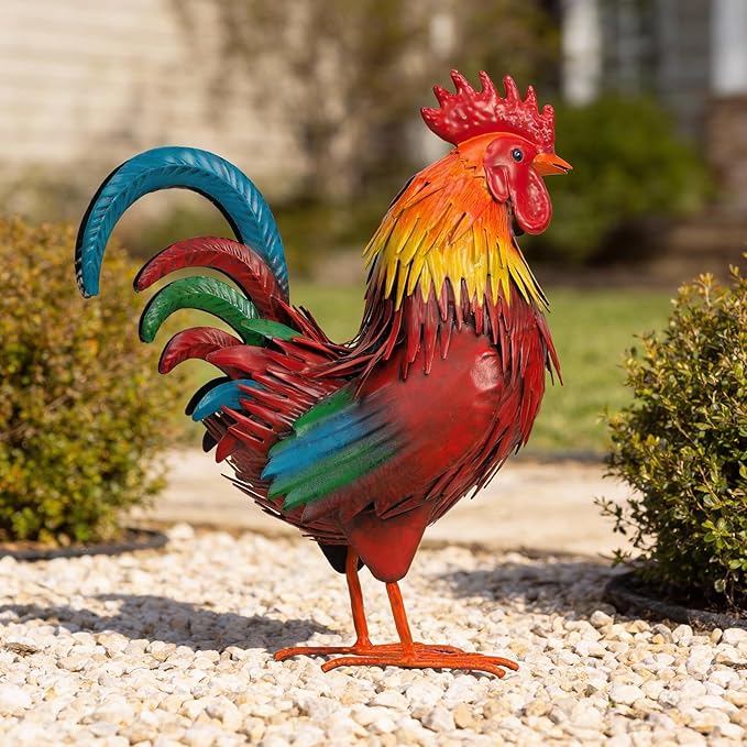 Ratuor Rooster Garden Statue Sculpture Metal Chicken Yard Decor Outdoor Figurines Patio Backyard Decoration (red)