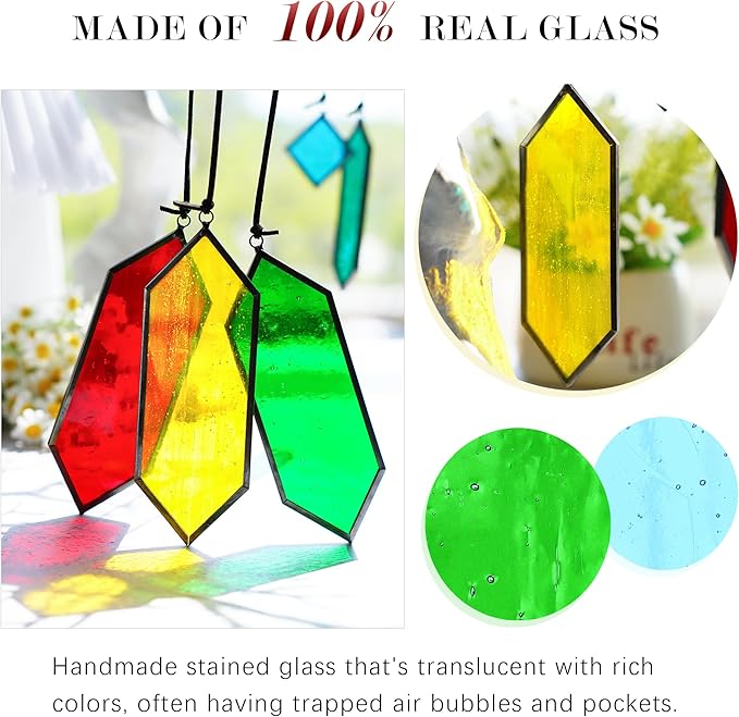 HDCRYSTALGIFTS Set 7 Sun Catchers Stained Glass Decor Gift,Stained Glass Window Hanging Suncatchers with Hooks Rainbow Maker Home Garden Glass Ornaments for Christmas Tree