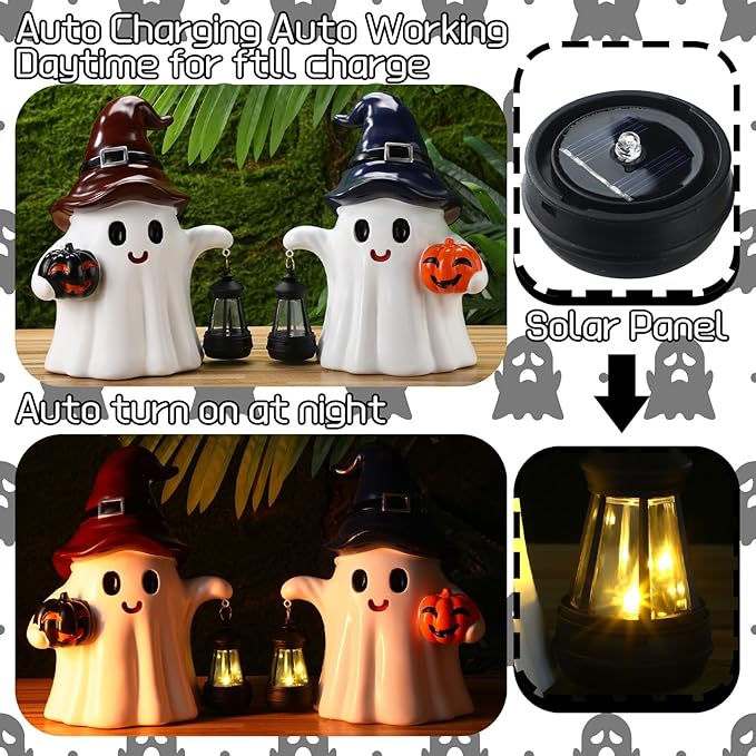 Suzile 2 Pack Halloween Outdoor Decoration 9.5 Inch Spooky Ghost Statues with Solar Lantern Light Pumpkin for Garden Halloween Figurine Cute Resin Ghost for Lawn Patio Party Indoor Home Decor Gift