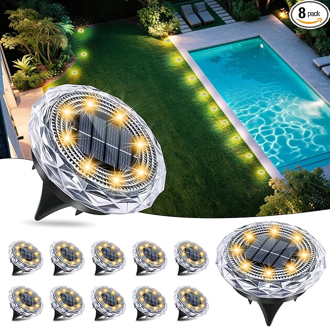 Solar Ground Lights, Solar Disc Light Outdoor Waterproof,Landscape Lighting Garden Lights for Pathway, Yard, Deck, Lawn, Patio, Swimming Pool,Walkway(Warm, 12Pack)