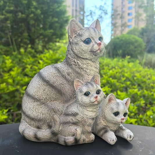 Mama Cat and Kitten Garden Statue,Outdoor Lawn Decorative Figurine Grey Cat Statue for Patio Yard,Funny Animal Flower Bed Decor Art Sculpture