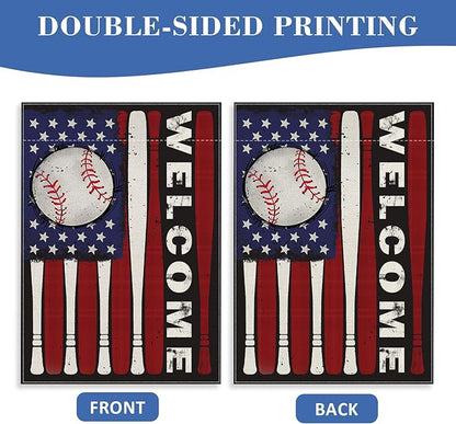 Welcome July 4th Baseball Patriotic Decorative Garden Flag, Red White Bat America USA Independence Day Yard Outside Decorations, Stars American Outdoor Small Home Decor Double Sided 12 x 18