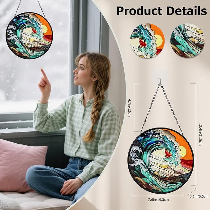 Suncatcher Stained Glass Window Hanging - Waves Glass Panel with Metal Chain and Hooks Handmade Sun Catcher Decoration for Window Garden Home Christmas & Birthday Gifts