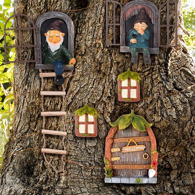 7 Pcs Fairy Garden Accessories Tree Hugger Gnome Statue Fairy Door Window Set Dwarf Elf Landscape Figurine Out The Door Resin Sculpture Hanging Tree Faces Decor for Trees Outdoor Decor (Fresh)