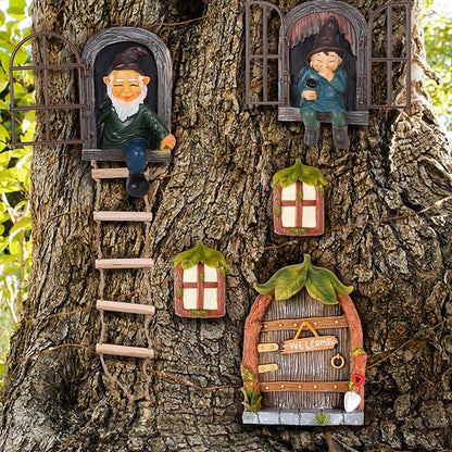 7 Pcs Fairy Garden Accessories Tree Hugger Gnome Statue Fairy Door Window Set Dwarf Elf Landscape Figurine Out The Door Resin Sculpture Hanging Tree Faces Decor for Trees Outdoor Decor (Fresh)