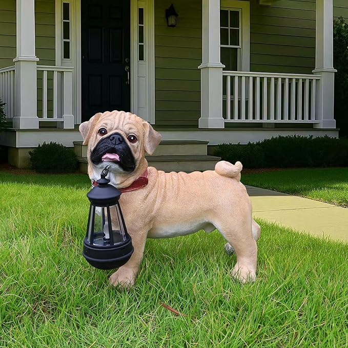 Sunny Pug Welcome Sign with Solar Lantern, Standing Yellow Pug Garden Sculpture for Balcony, Patio Nooks, Flower Borders & Entry Steps