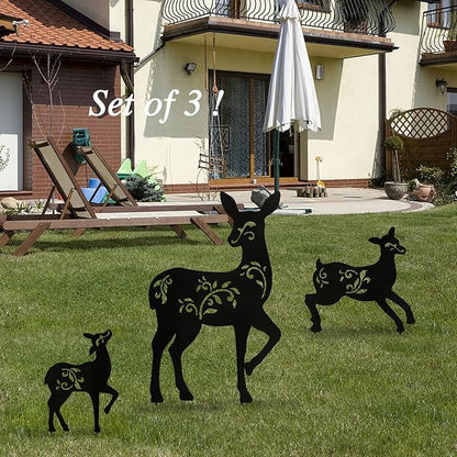 Outdoor Deer Stakes, Set of 3 Metal Deer Garden Decor for Outside,Black Silhouette Yard Art(Deer Black)