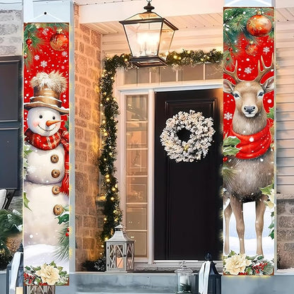 BlissYard Red Christmas Snowman and Reindeer Banners for Front Door Merry Christmas Door Banner Holiday Welcome Home Christma Decorations Xmas Porch Signs Winter Holiday Decor Elegant Porch Party Supplies 12x71 Inch