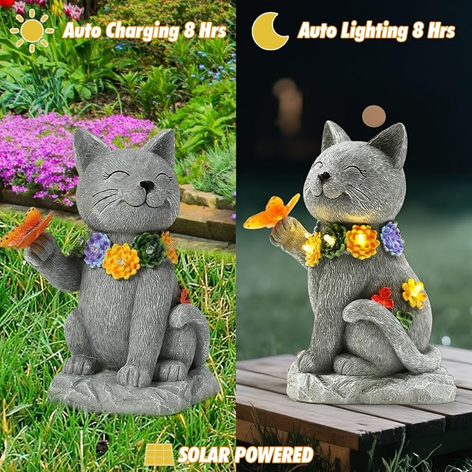 Oneirion Solar Cat Garden Statue - 7 LED Lights with Flowers & Butterfly Yard Art, Lawn Porch Outdoor Decor, Gift for Mom, Grandma & Women