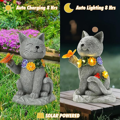 Oneirion Solar Cat Garden Statue - 7 LED Lights with Flowers & Butterfly Yard Art, Lawn Porch Outdoor Decor, Gift for Mom, Grandma & Women